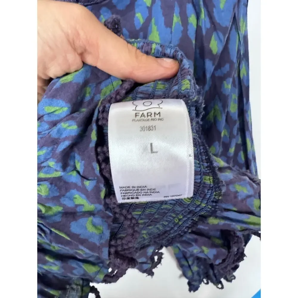 Farm Rio Blue Green Leopard Print Smocked Peplum Top Lace Guipure Cotton Large - Picture 9 of 14